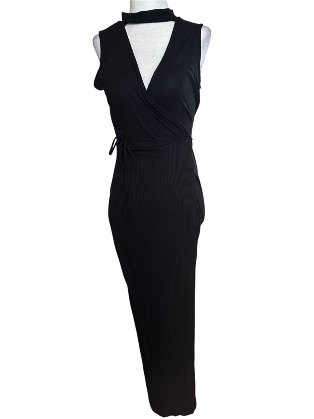 Black Ribbed Sleeveless Faux Wrap Maxi with Choker M